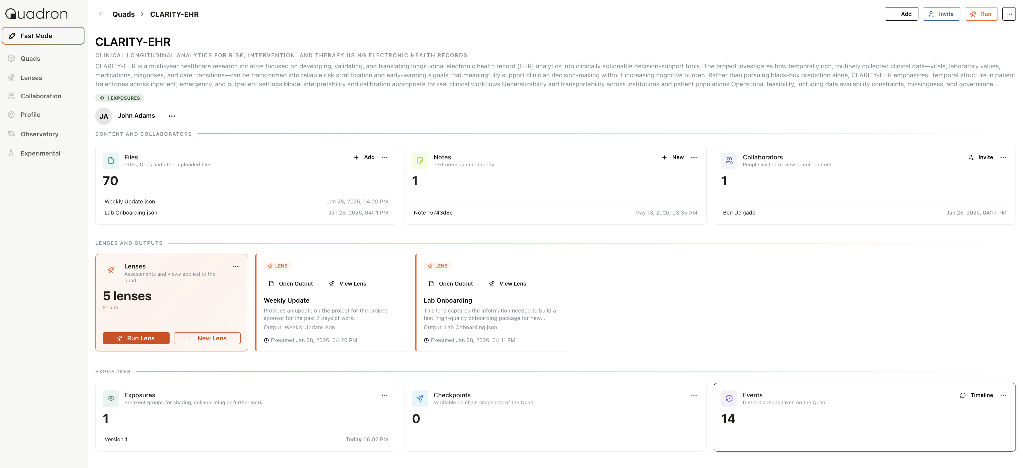Quadron workspace showing a research project with files, notes, collaborators, lenses, and verifiable checkpoints